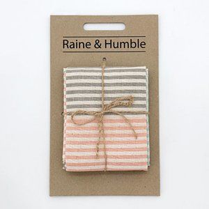 Two Kitchen Towel Set — Raine & Humble, Taupe w/ Pink Coral, & Aqua Stripes